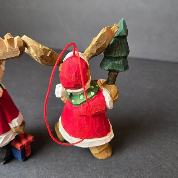 Hand Carved Wooden Moose Ornaments Christmas Santa Red Coat Scandinavian 4" Pair - Picture 5 of 8